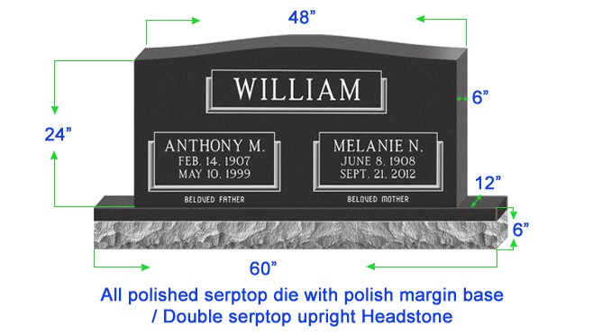 U104  Single Upright Serptop Headstone 48"x6"x24"  Top  with 60"x12"x6" Base