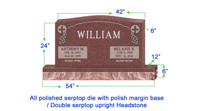 U104  Companion Upright Serptop Headstone 42"x6"x24"   Top  with 54"x12"x6" Base