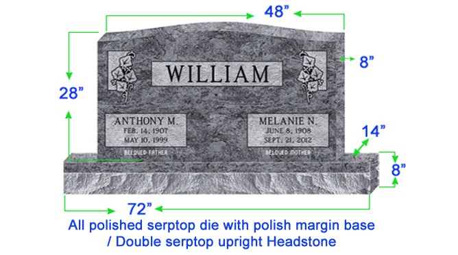 U104  Companion Upright Serptop Headstone 48"x8"x28"   Top  with 72"x14"x8" Base