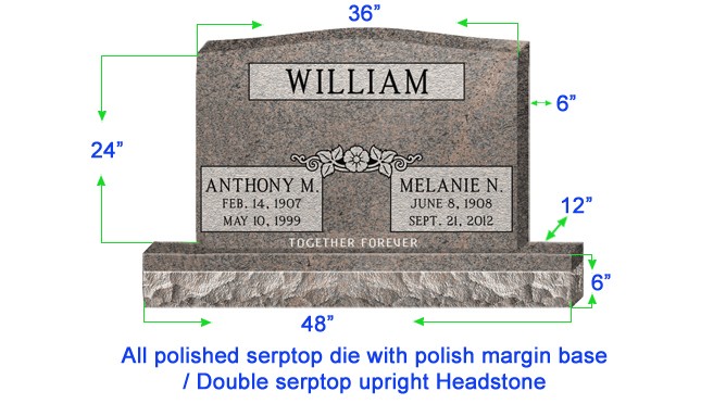 U104  Companion Upright Serptop Headstone 36"x6"x24"   Top  with 48"x12"x6" Base