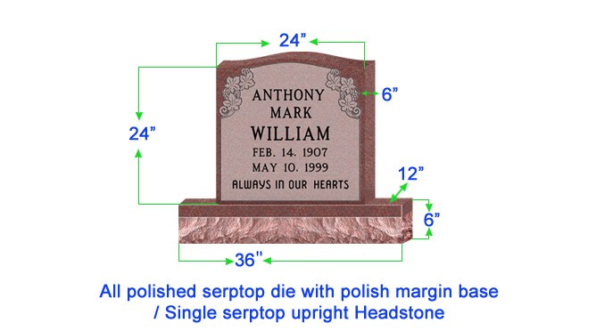 U104  Single Upright Serptop Headstone 24"x6"x24"   Top  with 36"x12"x6" Base